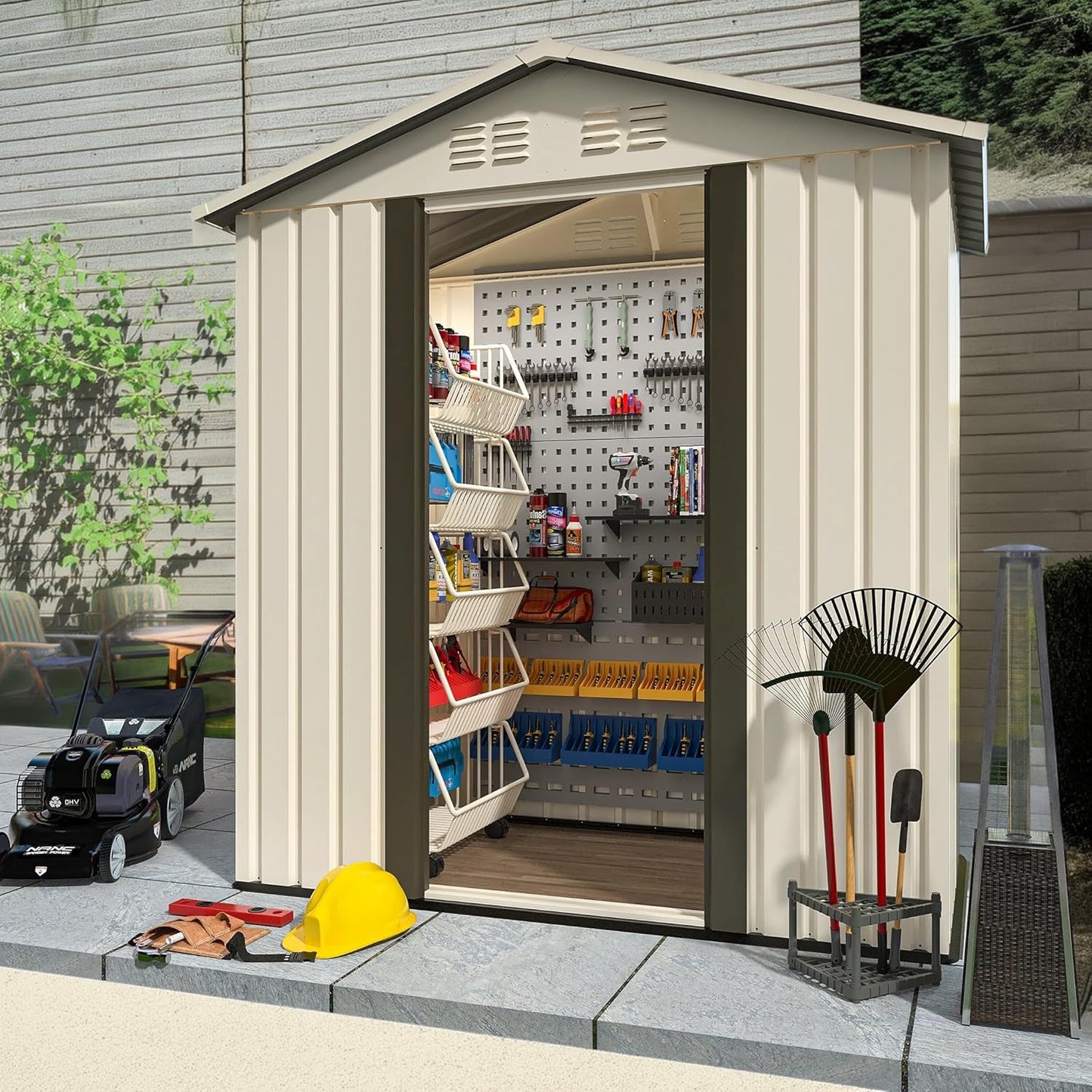 5X3 FT Outdoor Storage Shed, Waterproof Metal Garden Sheds w/Lockable Sliding Doors and Vents, Weather Resistant Tool Storage House for Backyard, Patio, Lawn, Cream White