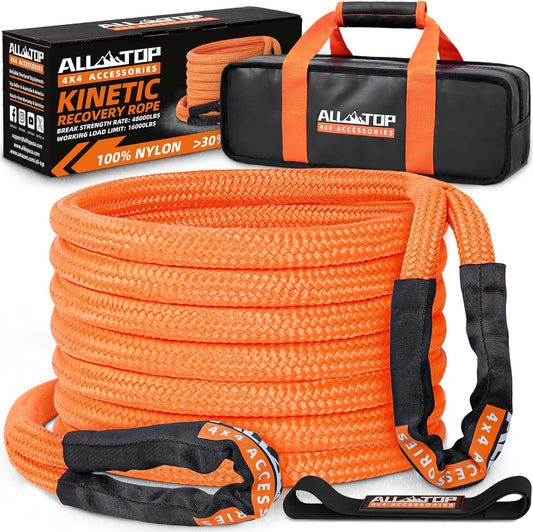 ALL-TOP Kinetic Recovery Rope, 48000Lbs, 1in x 20ft, Heavy Duty 30+% Elasticity, 16000Lbs Work Load Limit for 4x4 Offroad Vehicle