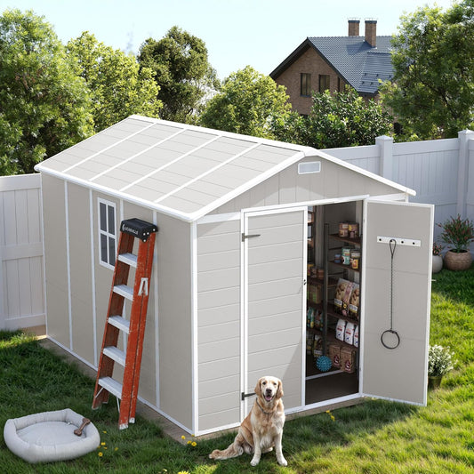 UDPATIO Outdoor Storage Shed 8 x 10 FT, Resin Garden Sheds with Floor Plastic Patio Outdoor Storage with Lockable Door for Tool, Bike, Garbage Sandstone