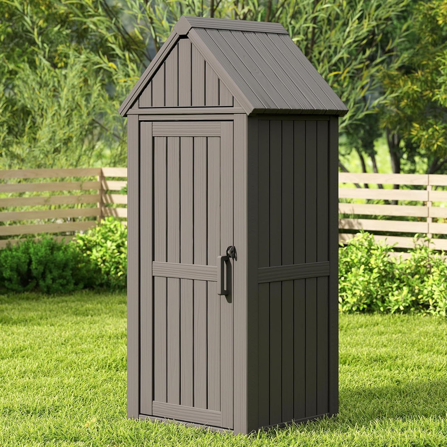 Shed Outdoor Storage Shed with Sloping Roof and Lockable Door, Resin Outdoor Storage Box Cabinet Waterproof and Multiple Hooks for Backyard, Patio, Poolside, Grey