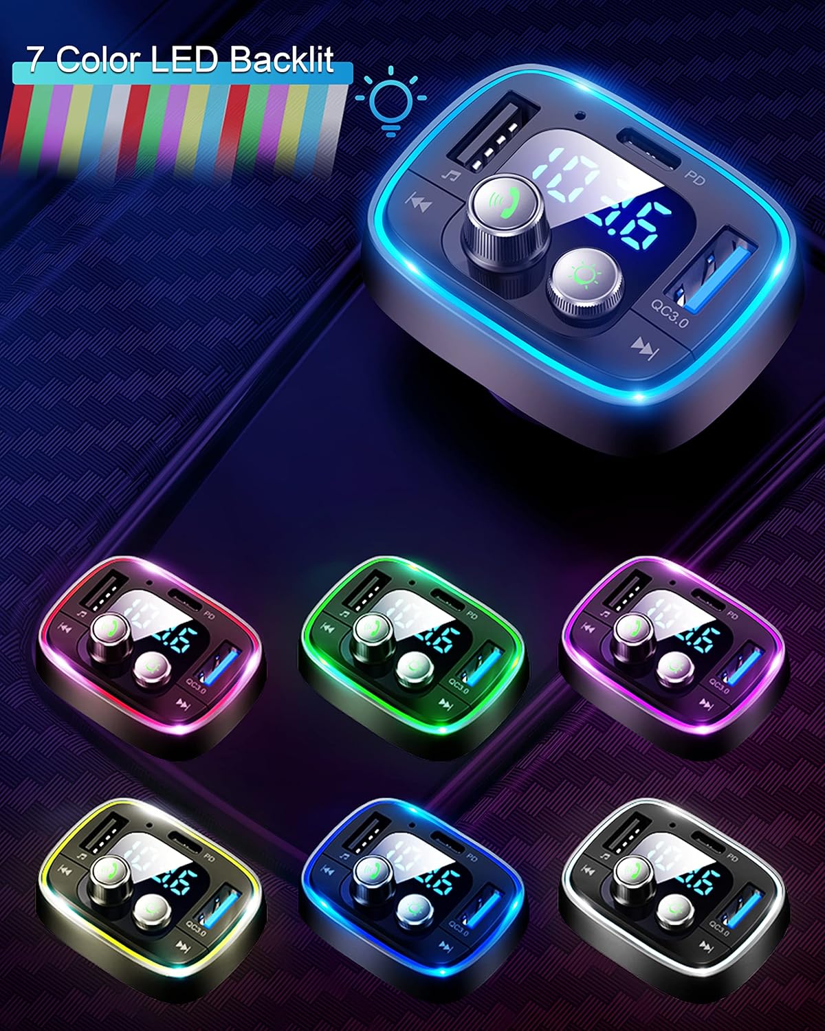 LIHAN USB C Bluetooth Adapter for Car, AUX Wireless FM Radio Transmitter, Handsfree Calling & Audio Receiver, MP3 Music Player, QC3.0 & Type-C PD USB Charger,7 Colors LED Backlit