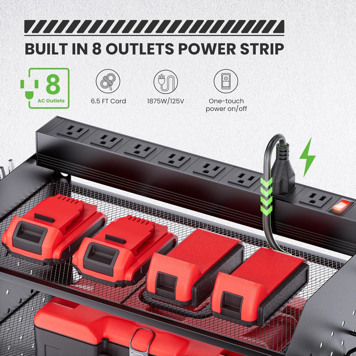 TRZZ Power Tool Organizer Wall Mount, 3-Layer Charging Station with 8 Outlets, 6 Drill Holders and Drill Bit Rack, Efficient and Organized Storage for Garage, Workbench, and Workshop (Black)