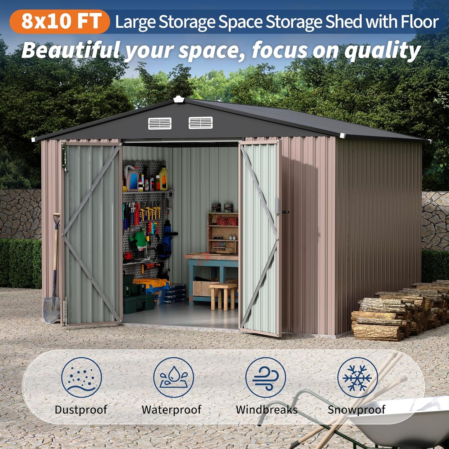 8x10 FT Metal Storage Sheds Outdoor with Floor, Metal Yard Sheds Garden Shed Kit, MetalTool Shed with Lockable Door, Metals UtilitySheds Buildings with Air Vent for Backyard Garden Patio Lawn