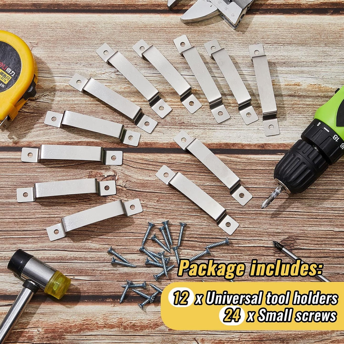 12 Pcs Tape Measure Clip Tape Measure Holder Bench Belt Universal Tool with Screws Stainless Steel Tool Hanger Storage Dock for Mount Drill Power Measures and Belt Clips (Silver)