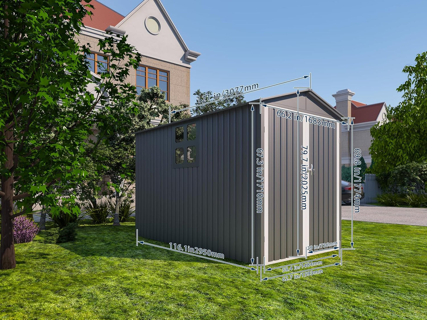 Motorcycle Steel Storage Shed with Window,Outdoor Weather-Resistant Storage Box for Bikes, Tools, Sports Equipment,Easy Assembly, No Tracks or Fixtures Needed, 121" W Gray+White