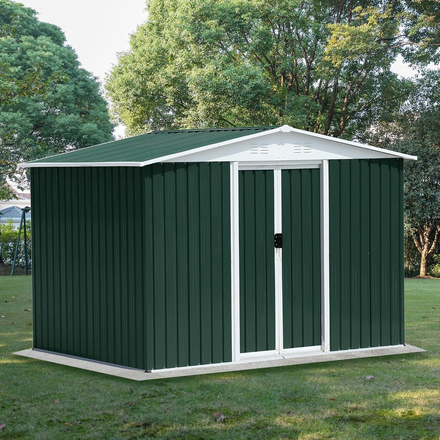 6x8 FT Outdoor Storage Shed, Metal Garden Shed with Lockable Sliding Doors, Outside Tool Shed with Sloped Roof & 4 Air Vents, Waterproof Storage Building for Backyard, Patio, Lawn, Green