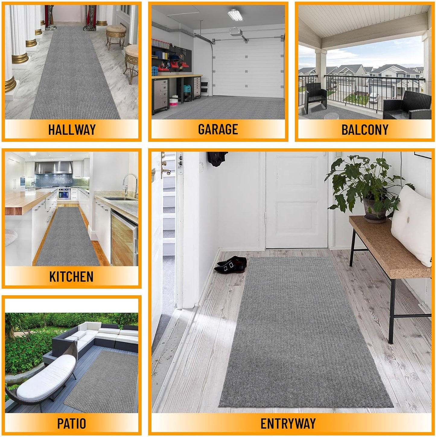 Ottomanson 2' x 18' Hallway Runner with Scraper Pile Extra Durable Non-Slip Rug Mat for Indoor & Outdoor Use - Ideal for Kitchen, Entryway, Patio & Garage - High-Traffic Carpet, Gray