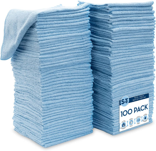 S&T INC. 100 Pack Microfiber Cleaning Cloth, Bulk Towels for Home, Reusable Microfiber Towels for Cars, Cleaning Rags, Light Blue, 11.5 Inches x 11.5 Inches, 100 Count