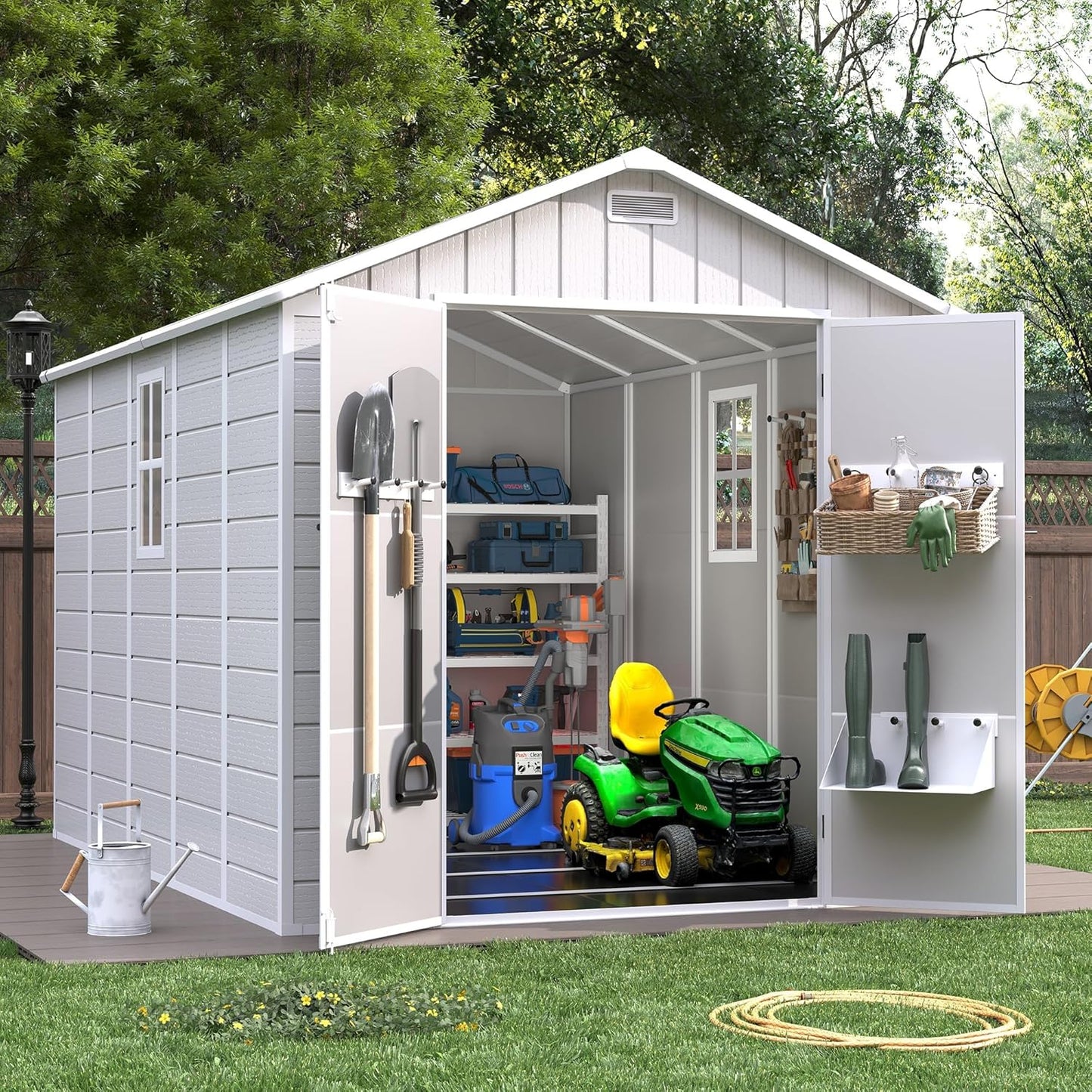Resin Outdoor Storage Shed with Floor, 8x10.5 FT Plastic Garden Shed with Lockable Door & Window for Bike, Garbage Can, Lawn Mower, Bedge