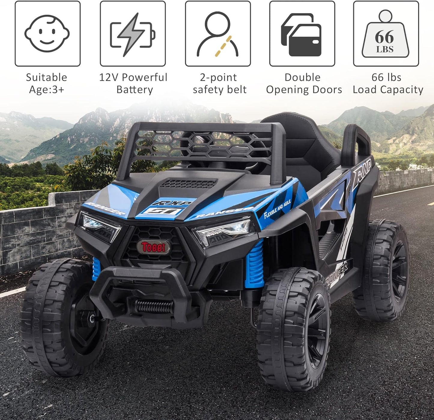 TOBBI 12V Kids Ride on Car, Electric Off-Road UTV Truck with Forward and Reverse Functions, Double Open Doors, Safety Belt, Horn, Music, and Lights for Kids Aged 3-5 Years (Blue)