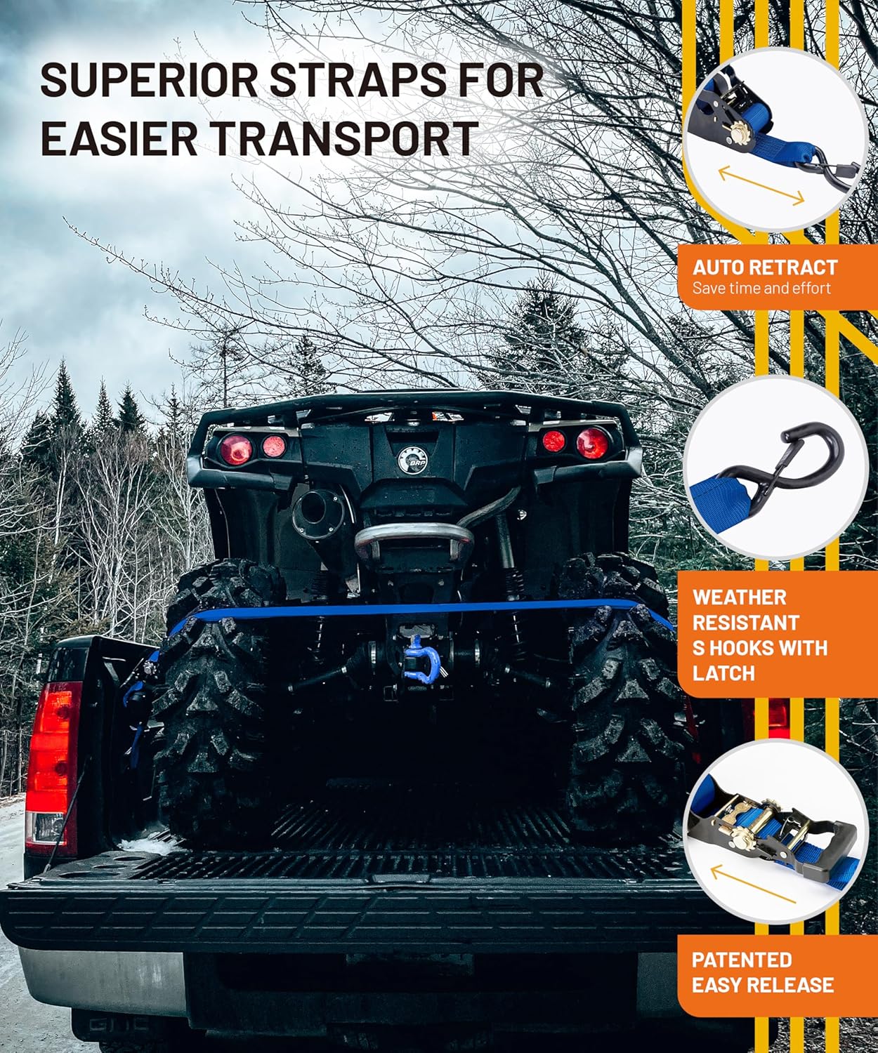 Strapinno 2PCs Retractable Ratchet Tie-Down Straps,5,000 lbs Breaking Strength- 2 in x 12 ft Heavy Duty Ratchet Strap with Safety Lock S Hooks for Motorcycles, ATVs, UTVs, Lawn Equipment & Cargo -Blue