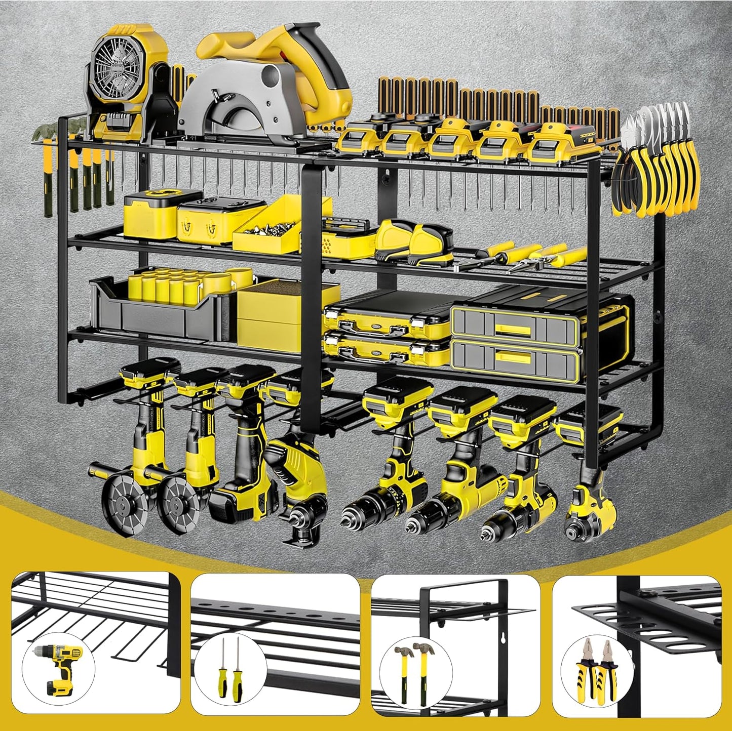 Metal Power Tool Organizer,Space-Saving Wall-Mounted Power Tool Rack,Holds 8 Drills + 4-Tier Storage,Durable Steel Construction for Garage, Workshop and Shed Organization
