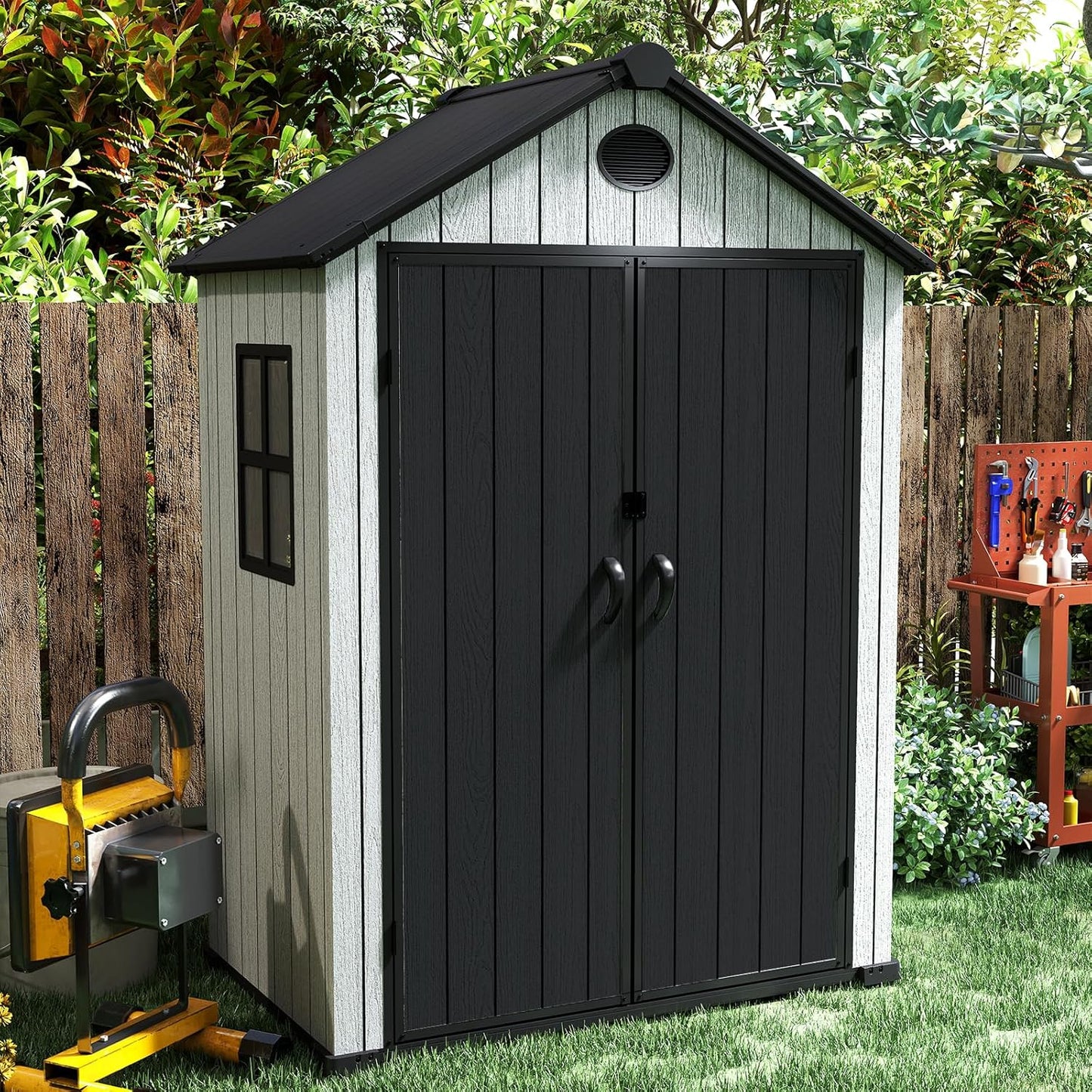 6x4 FT Resin Storage Shed,Lockable Door, and Vents for Garden, Backyard, Patio, Lawn,Grey Black