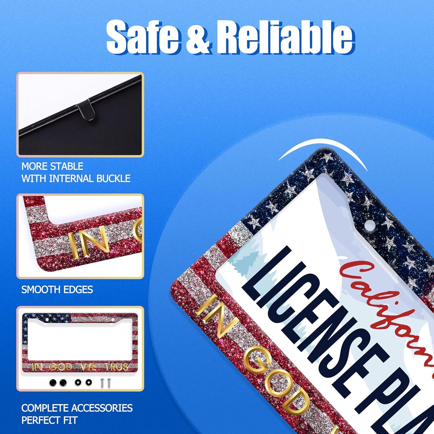 in God We Trust License Plate Frame American Flag License Plate Stainless Steel Funny License Plate Holder Personalized Christian Car Accessory Decoration 12.3" x 6.3"for Men Women