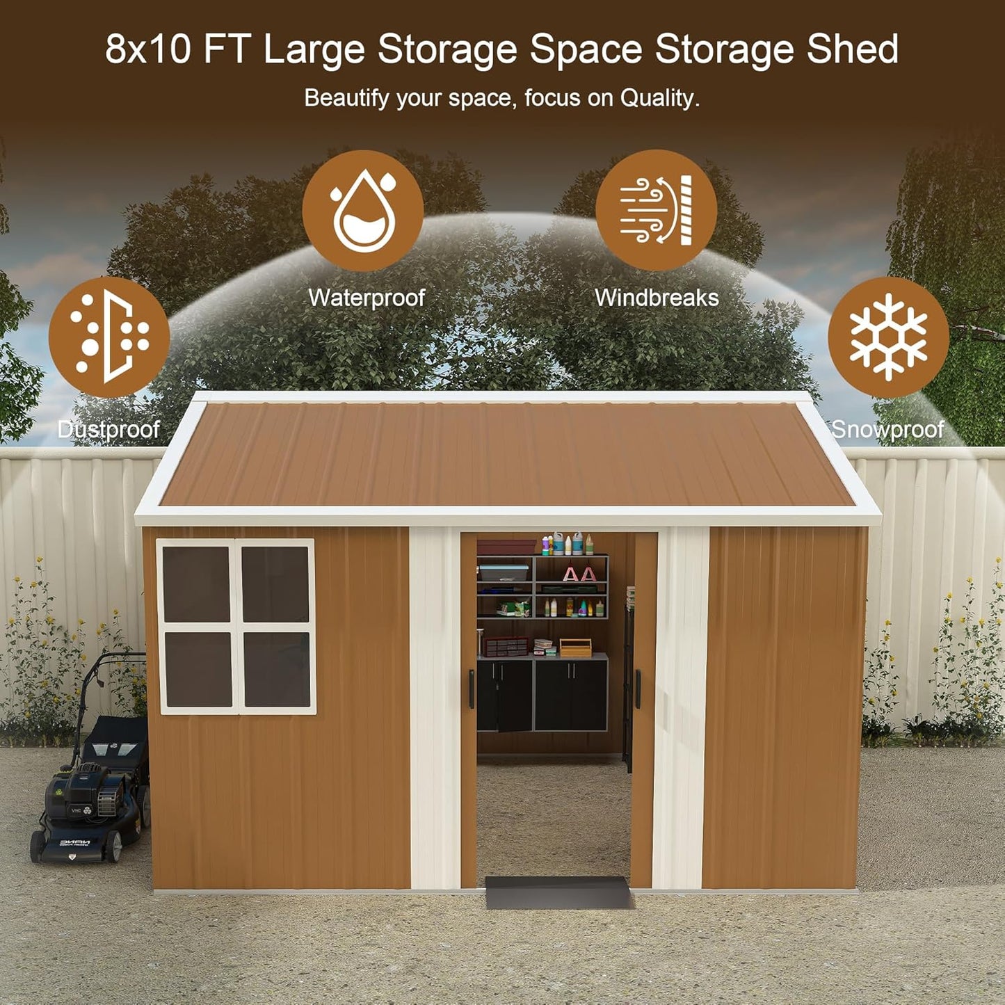 10 x 8 FT Outdoor Storage Shed, Metal Garden Tool Shed with Slooping Roof, Lockable Doors and Windows, All-Weather Weatherproof Blike shed for Garden, Patio, Lawn, Yellow