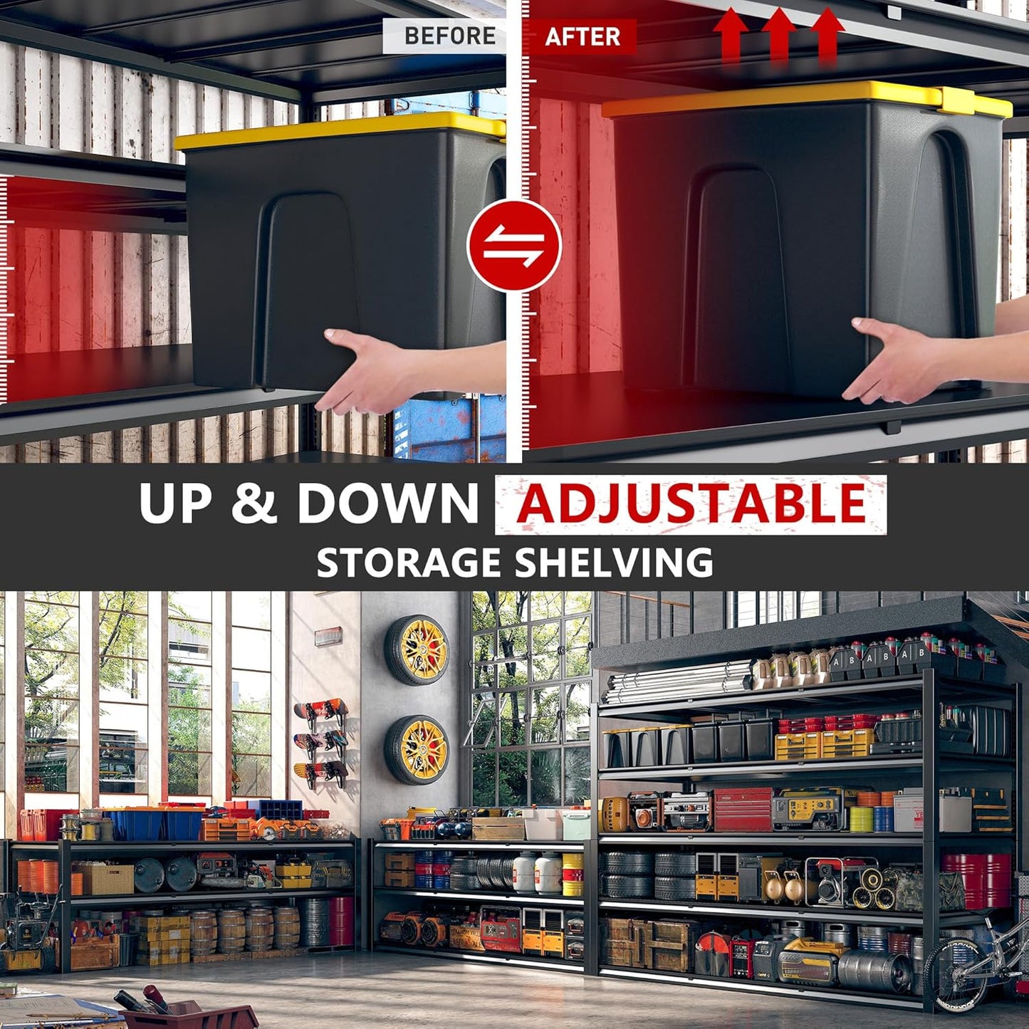 REIBII 60" W Garage Shelving 3000LBS Garage Shelving Heavy Duty Storage Shelves, 5 Tier Metal Shelves, Adjustable Industrial Shelf for Warehouse, Basement, Pantry, 60" W x 24" D x 72" H