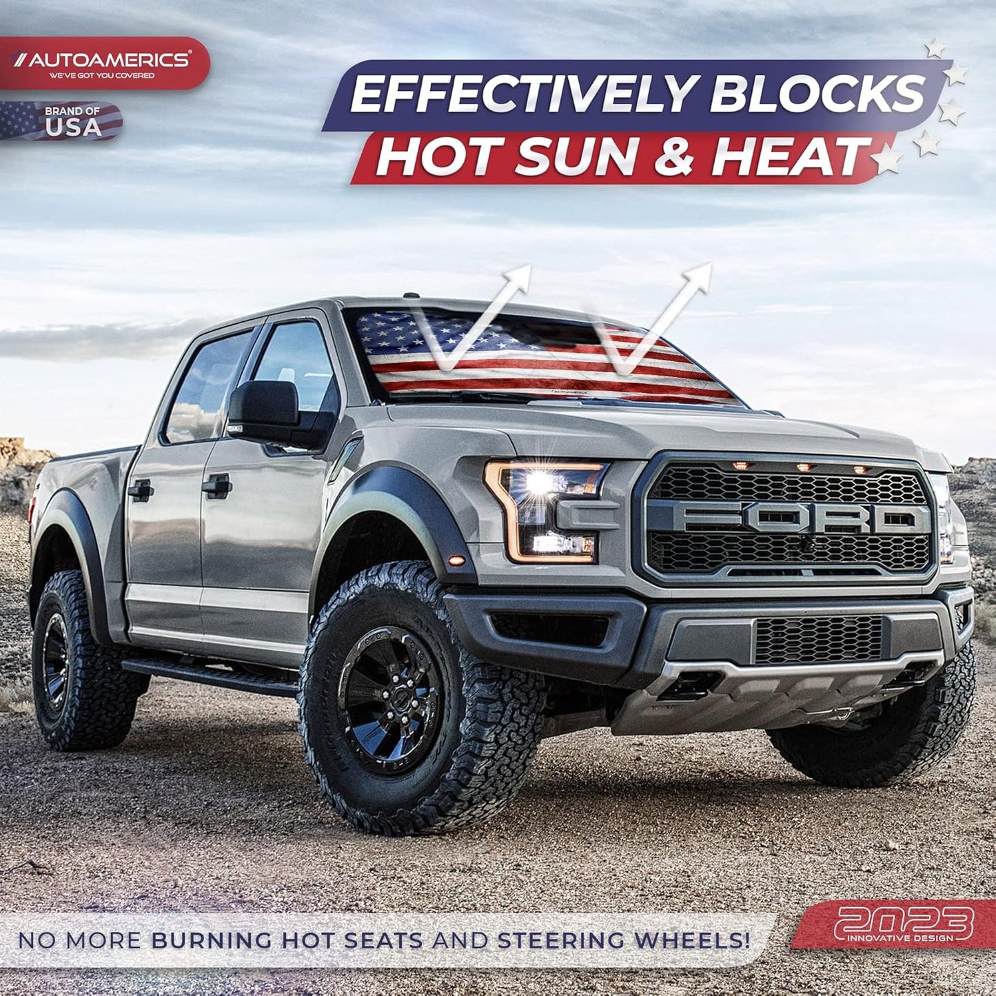 Autoamerics 1-Piece Windshield Sun Shade Grunge American Flag - 3 USA Design - Foldable Car Front Window Sunshade for Most Sedans SUV Truck - Blocks Max UV Rays and Keeps Your Vehicle Cool - Large