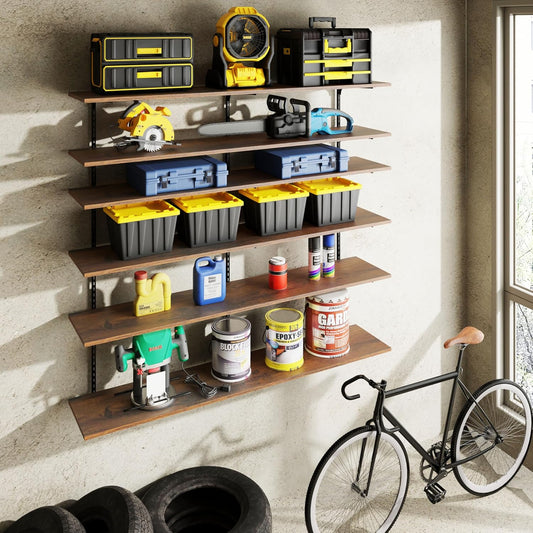 ROGMARS 60" W Garage Wall Mounted Shelving Heavy Duty, 6 Tier Garage Shelves, Adjustable Height Storage Shelving Unit, Wall Shelf Storage Rack Floating Shelves for Warehouse, Pantry, School, Shop