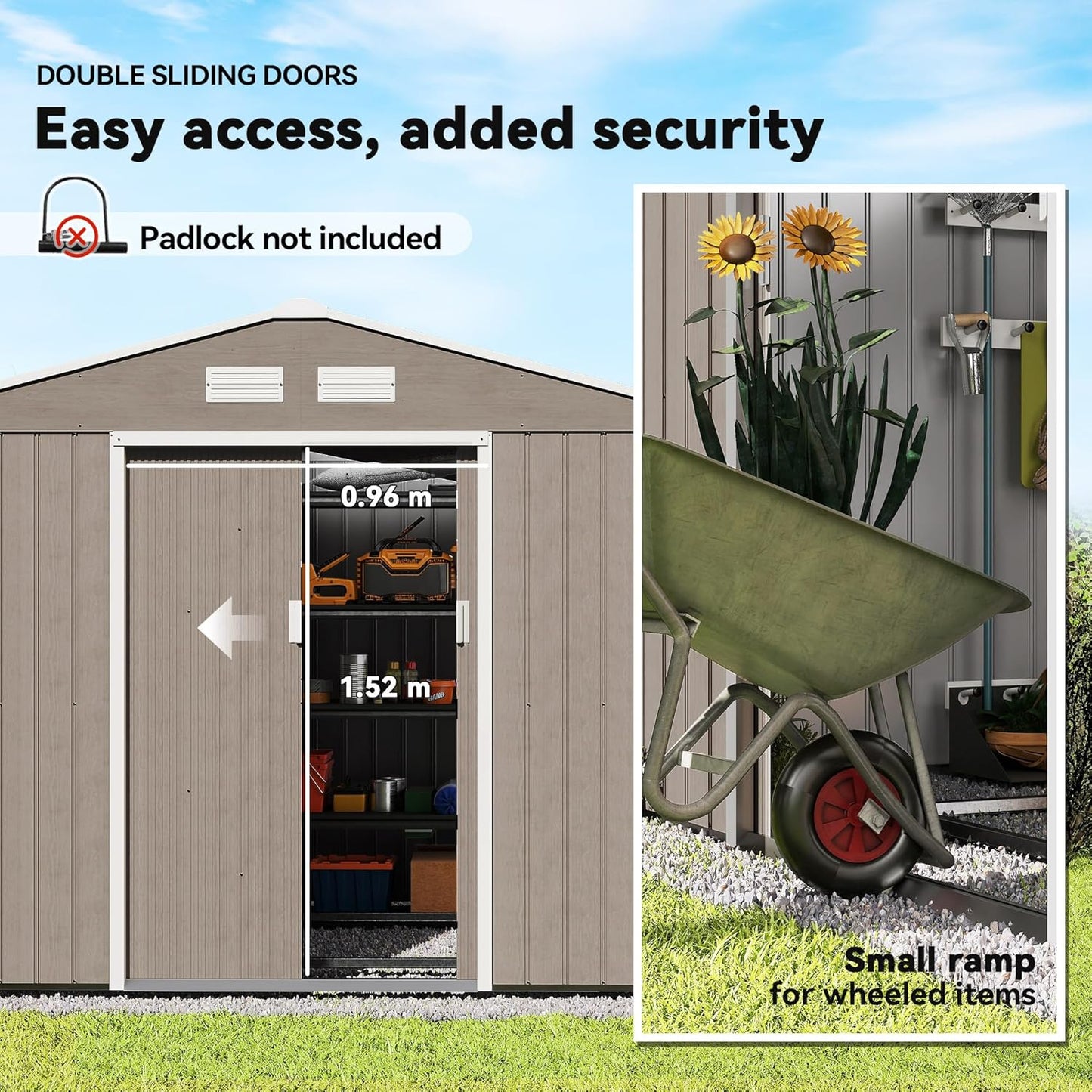 Outsunny 9' x 6' Outdoor Storage Shed, Garden Tool Metal Shed with Foundation Kit, Double Lockable Door, Air Vents and Sloping Roof, for Backyard, Patio, Lawn, Light Brown