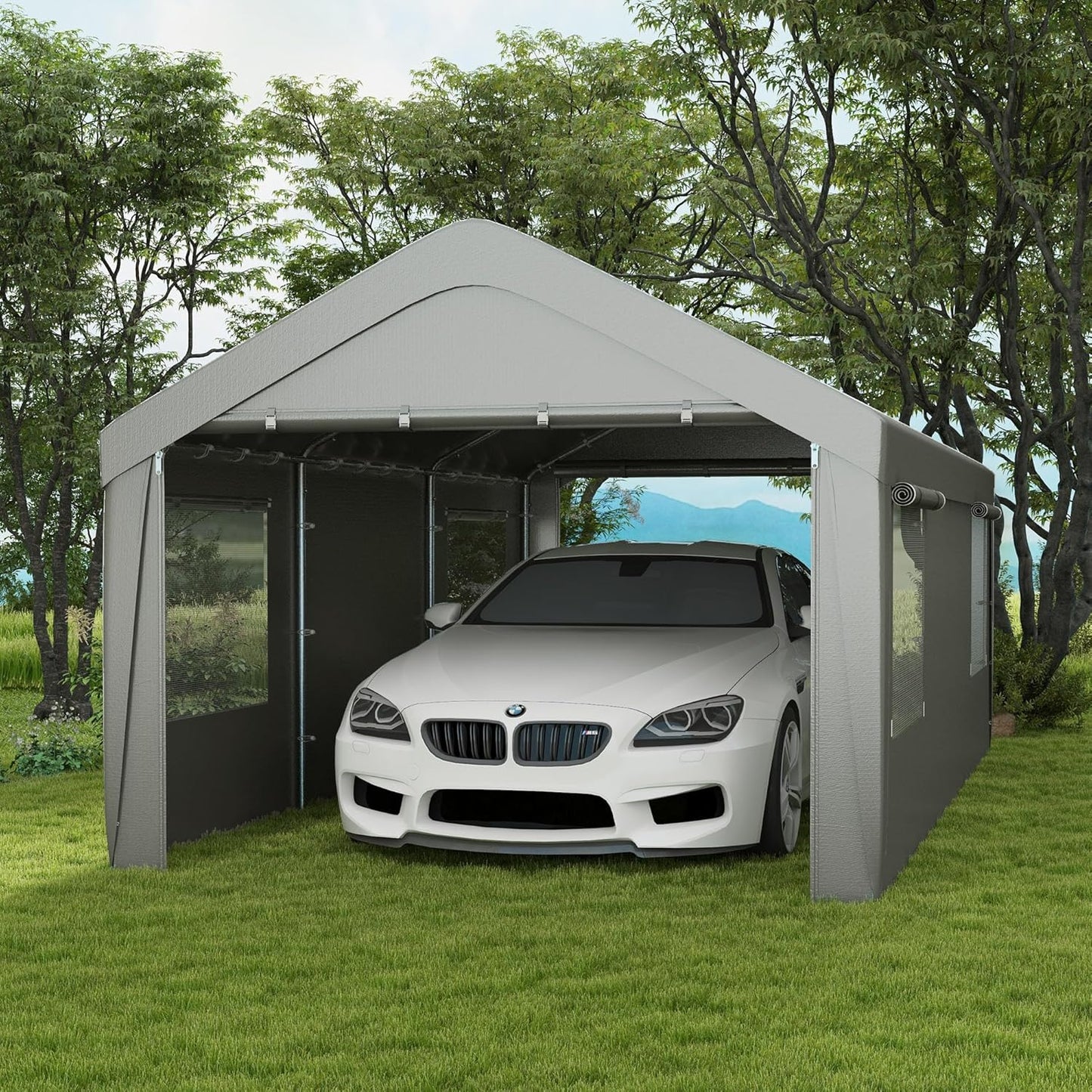 Outsunny Carport 10' x 20' Portable Garage, Heavy Duty Car Port Canopy with 2 Roll-up Doors & 4 Ventilated Windows for Car, Truck, Boat, Garden Tools, Gray