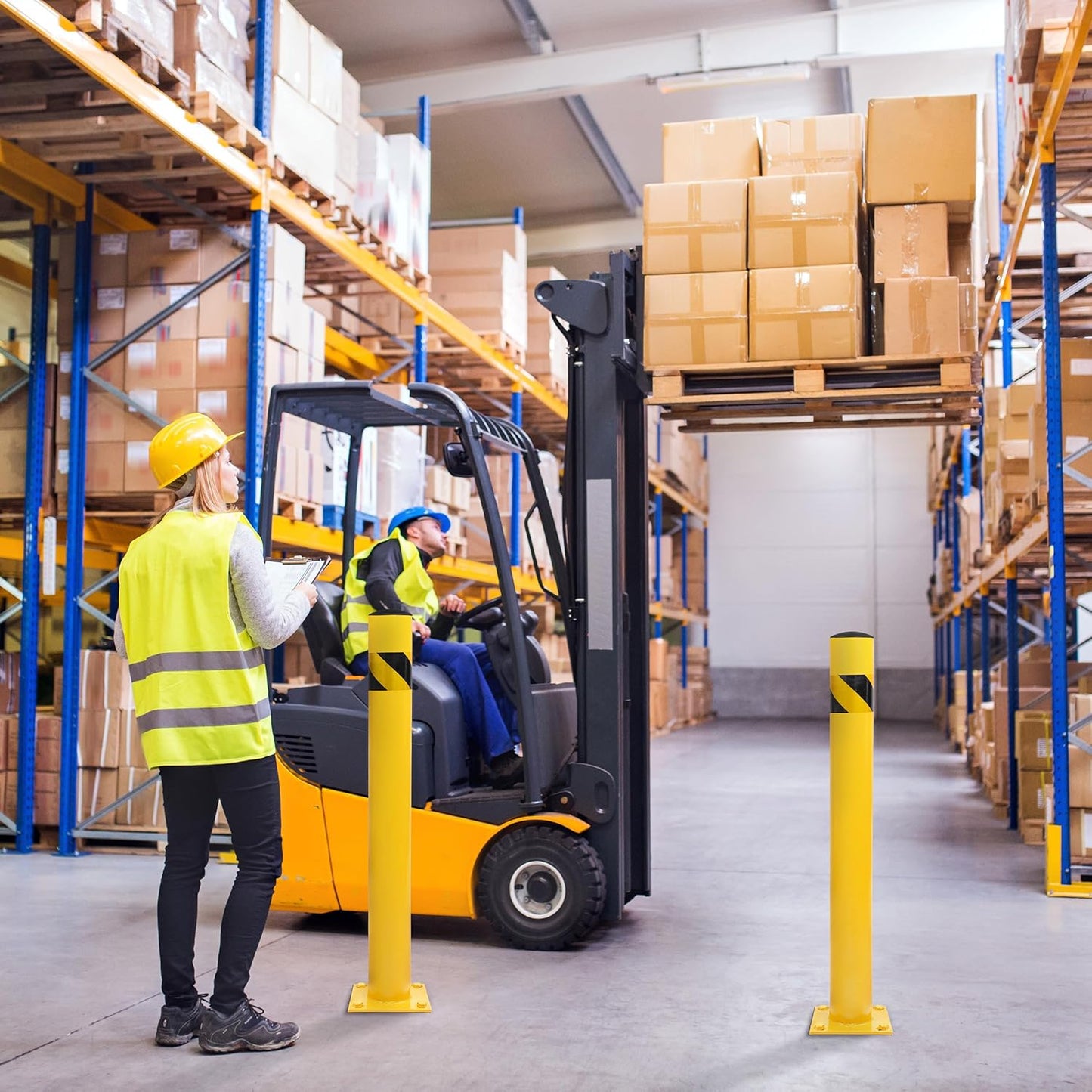 BISupply Safety Bollard Post Parking Barrier 3 Pack - 42in Yellow Pipe Bolt Down Bollard for Garage Lot