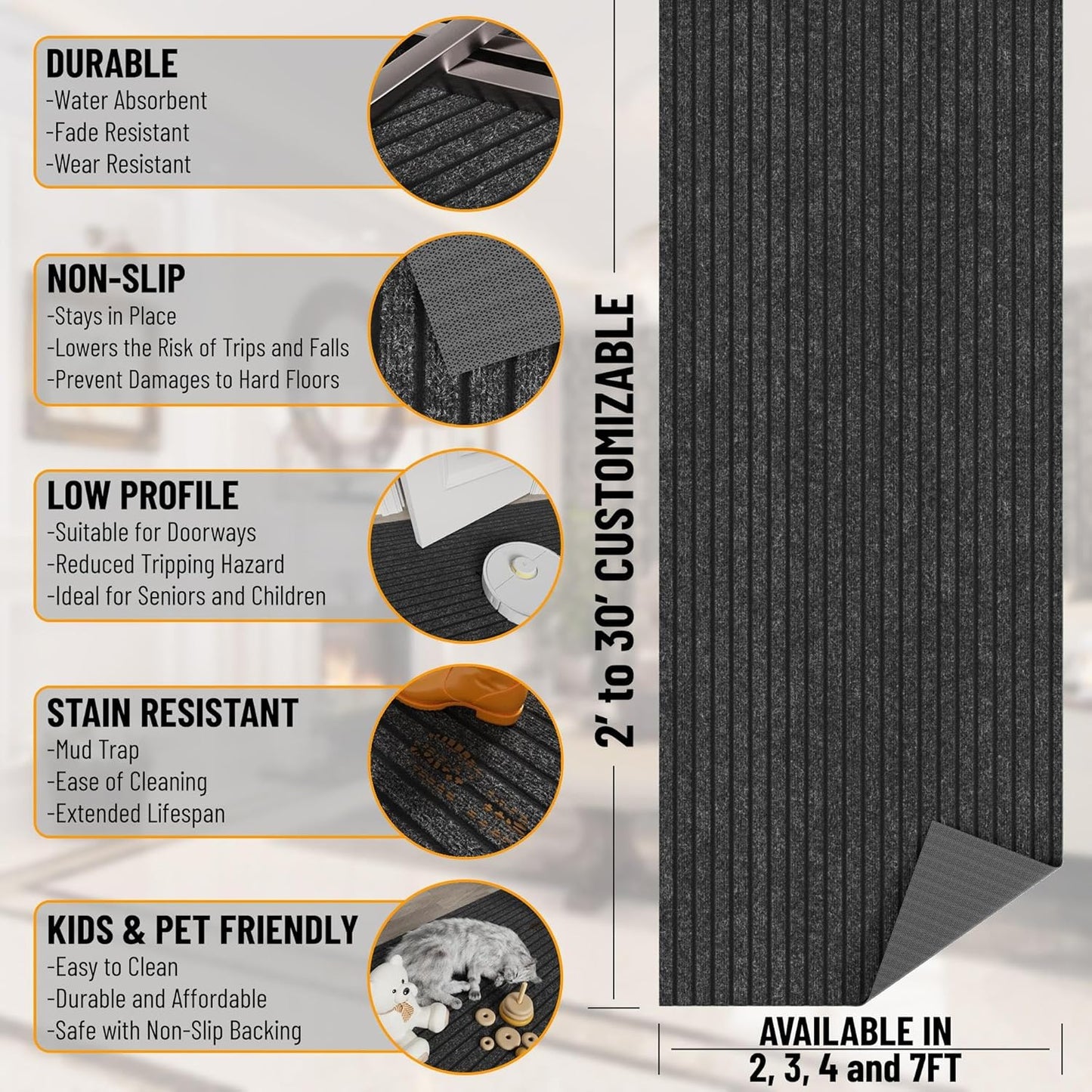 Ottomanson 2' x 7' Hallway Runner with Scraper Pile Extra Durable Non-Slip Rug Mat for Indoor & Outdoor Use - Ideal for Kitchen, Entryway, Patio & Garage - High-Traffic Carpet, Black