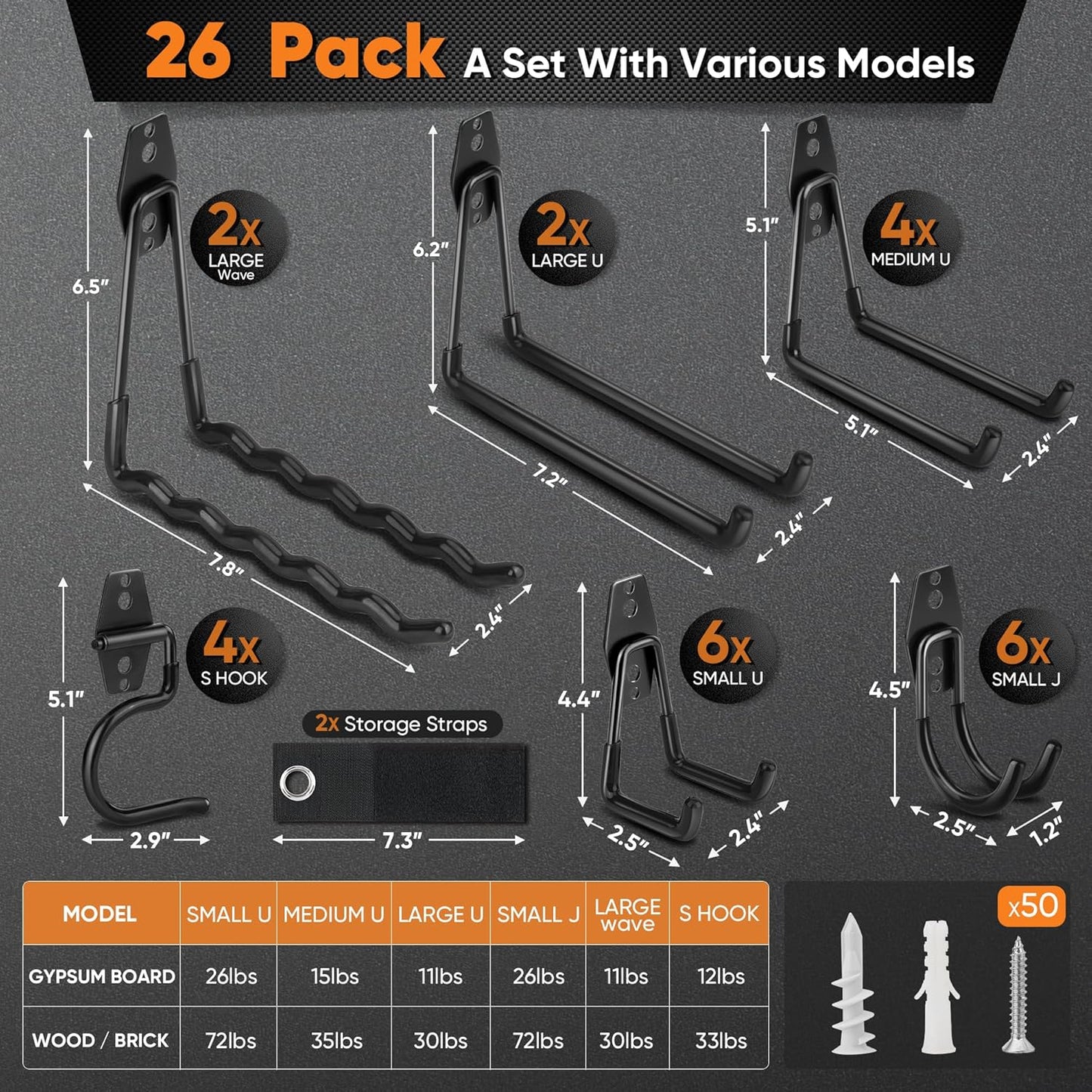 Nacial 26 Pack Garage Hooks Heavy Duty, Utility Steel Garage Storage Hooks with 2 Extension Cord Storage Straps, Utility Garage Wall Mount Hooks for Hanging Bike, Ladder and Garden Tools, Black