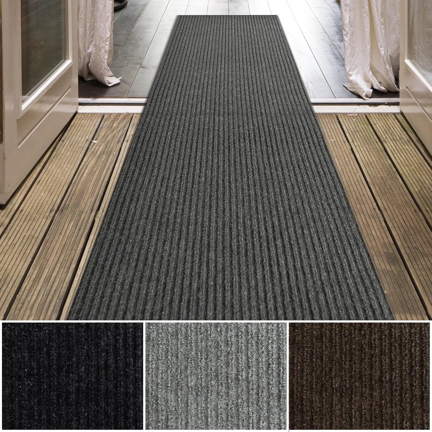 iCustomRug Spartan Weather Warrior Indoor/Outdoor Utility Ribbed Carpet Runner with Non-Slip Thermoplastic Rubber Backing, 3ft X 42ft in Charcoal