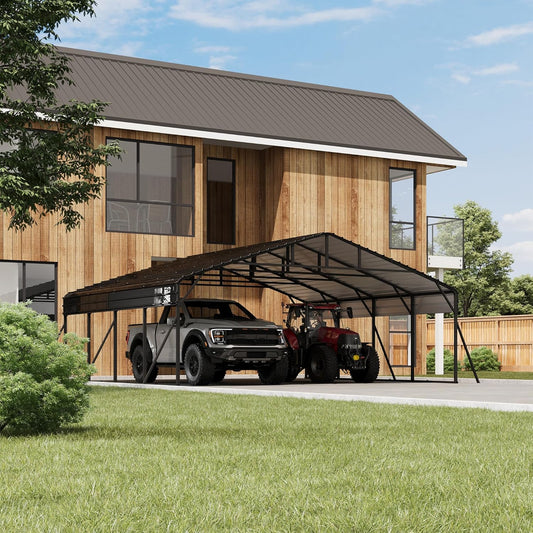 20 x 20 FT Metal Carport with Galvanized Steel Roof, Heavy Duty Metal Roof Carport with Enhanced Base, Tall MetalCarport Kits Garage for Tractors, Trucks, Boats, Cars
