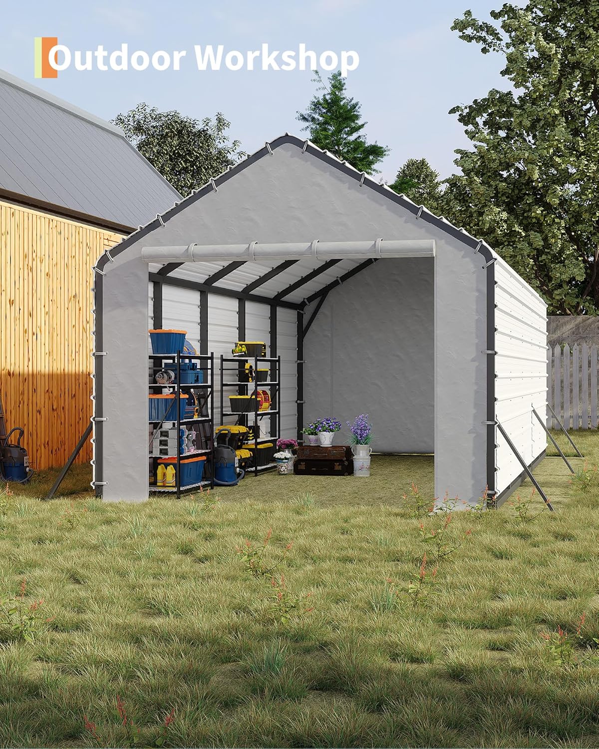 Door Panels with Zippers Tarp for Metal Carport 13x26 Ft, 13x21 Ft, and 13x16 Ft, 2 Pcs Door Panel with 32 Ball Bungees, White & Black