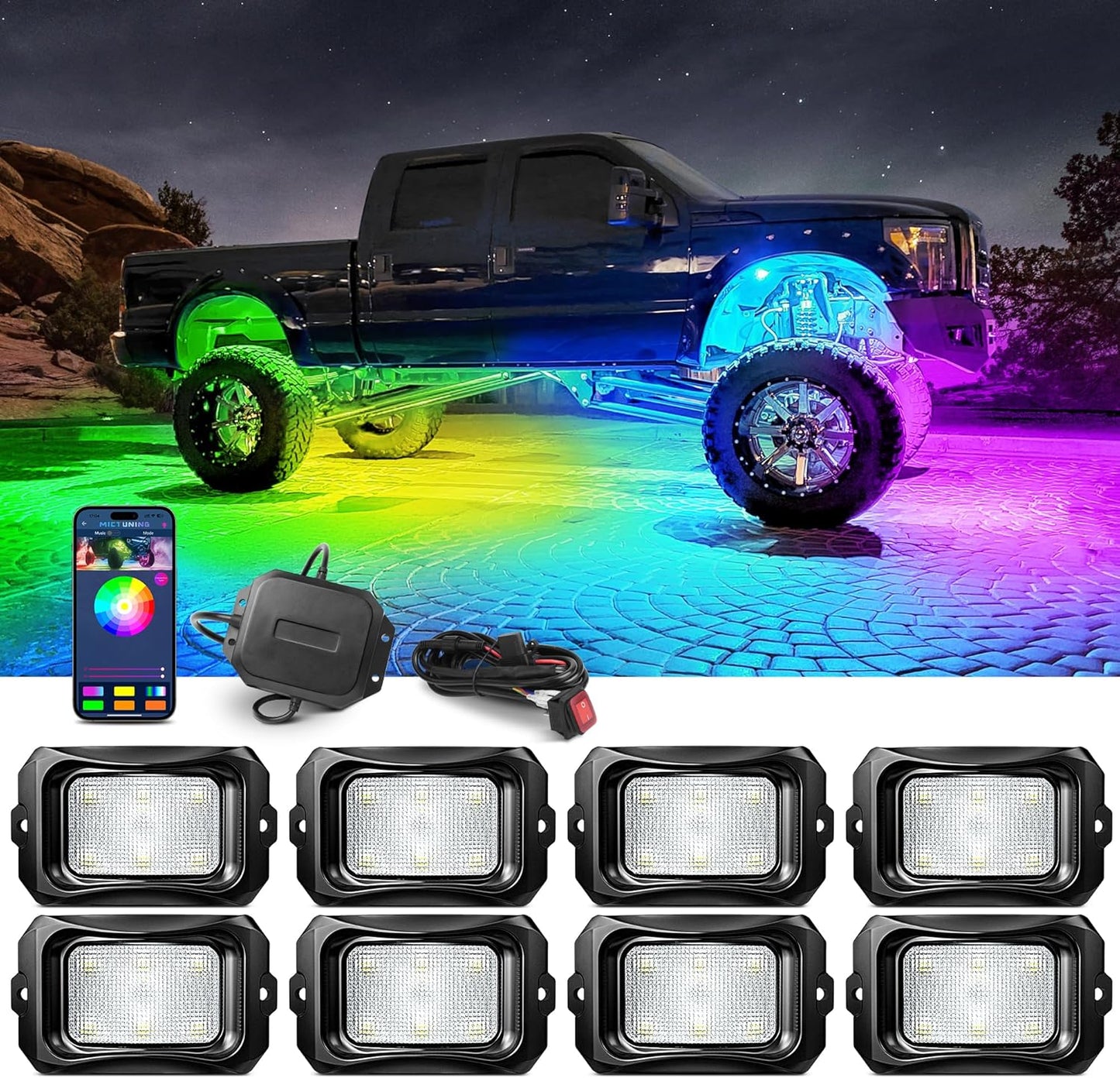 MICTUNING C2 Max RGB+IC Chasing Color LED Rock Lights - 8 Pods Underglow Lighting Kit, Dynamic Lighting Modes, Extensible Up to 24 Pods with Stable APP Control, IP68 Waterproof, DIY Effect