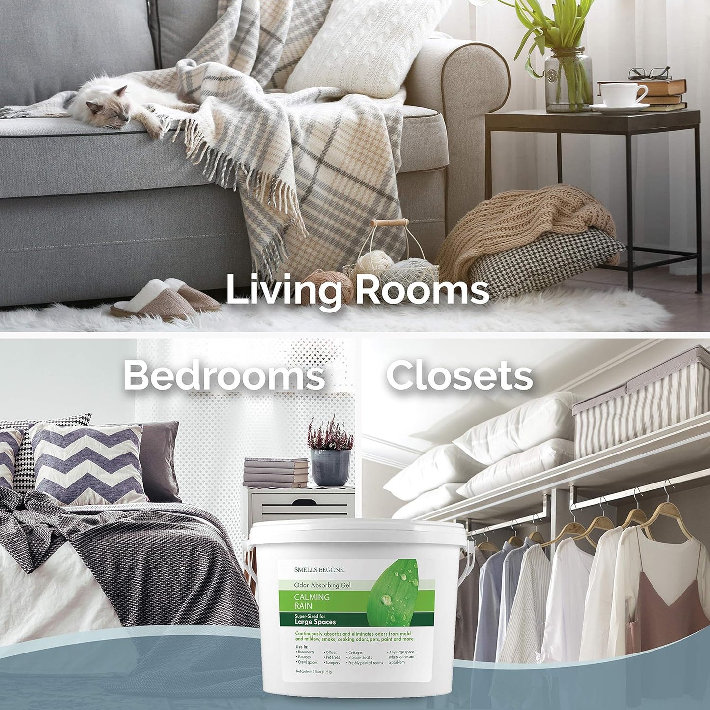 SMELLS BEGONE 1-Gallon Odor Absorber Gel - Air Freshener & Odor Eliminator for Homes, Garages & Commercial Buildings - Industrial Size - Calming Rain Scent