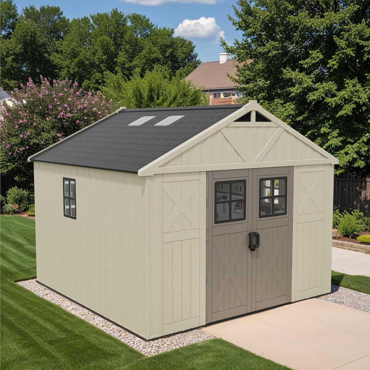 Devoko 10 x 10 FT Plastic Outdoor Storage Shed with Windows, Resin Tools Shed with Floor Large Storage Garden Shed for Patio,Garden, Backyard, Lawn, Beige