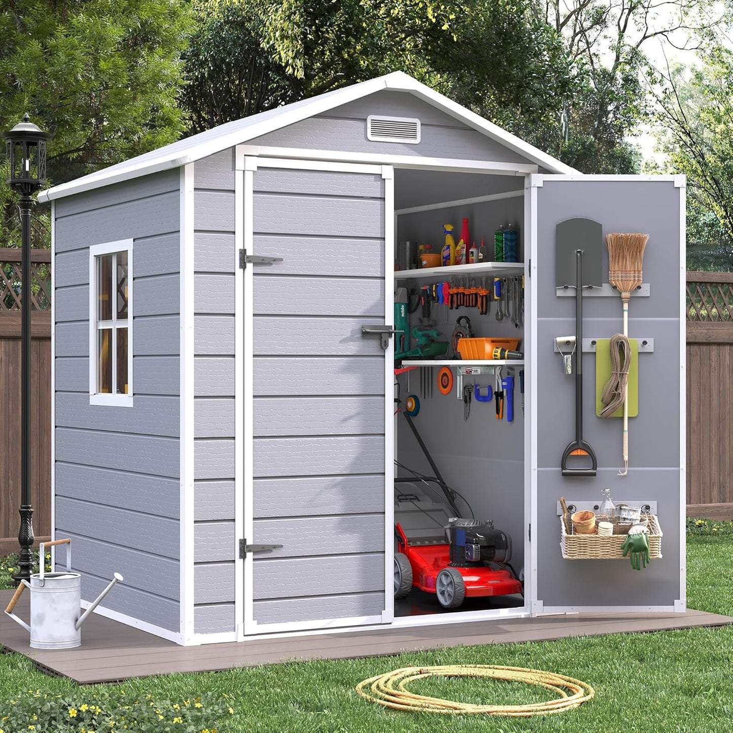 Outdoor Storage Sheds with Floor, 6x4.5 FT Resin Garden Shed with Lockable Door, Window, Waterproof, Plastic Tool Storage for Bike, Garbage Can, Grey White