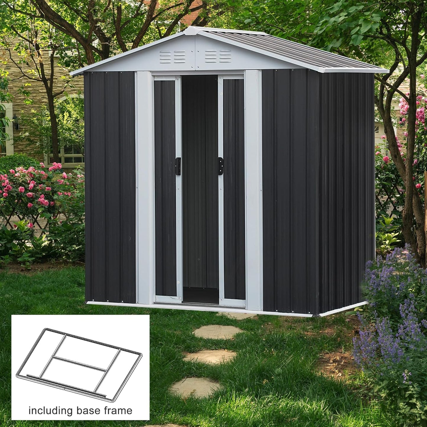 6x4 FT Outdoor Metal Storage Shed with Floor Base Frame, Waterproof Garden Sheds w/Lockable Sliding Doors and Vents, Outside Steel Tool Storage House for Backyard, Patio, Lawn, Grey