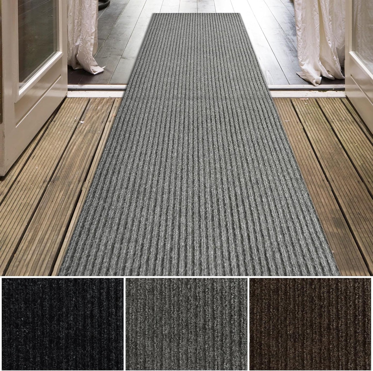 iCustomRug Spartan Weather Warrior Indoor/Outdoor Utility Ribbed Carpet Runner with Non-Slip Thermoplastic Rubber Backing, 3ft X 18ft in Grey