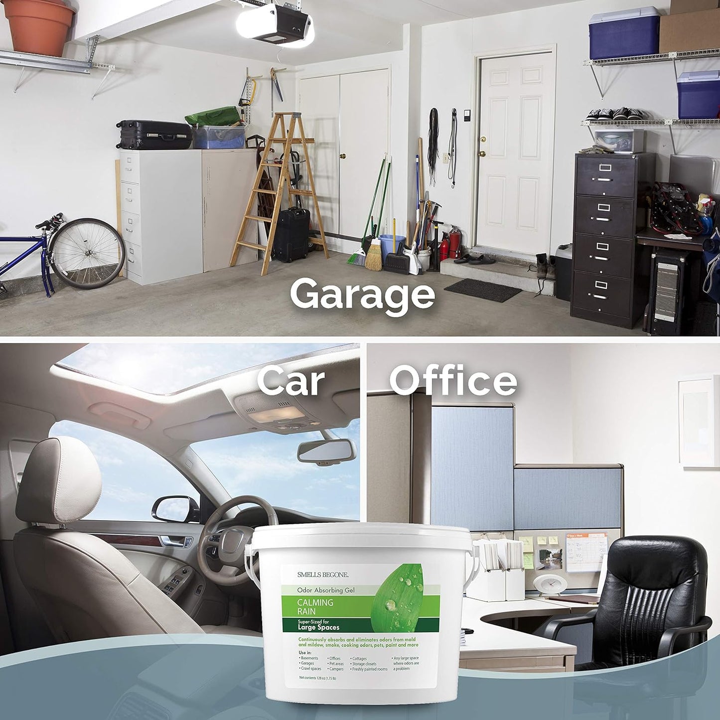 SMELLS BEGONE 1-Gallon Odor Absorber Gel - Air Freshener & Odor Eliminator for Homes, Garages & Commercial Buildings - Industrial Size - Calming Rain Scent