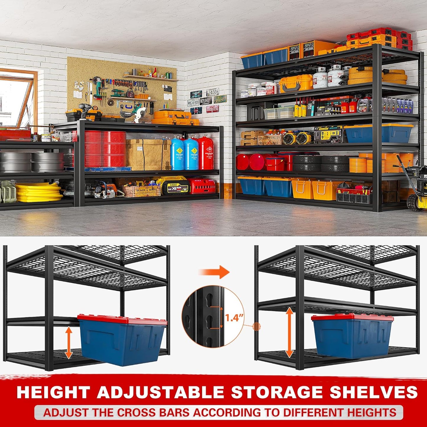 REIBII 3500LBS Garage Shelving, Adjustable Storage Shelves Heavy Duty, 6 Tier Heavy Duty Shelving, Metal Shelving Unit for Warehouse, Basement, Industrial, 55" W x 26" D x 84" H, Black, 3 Pack