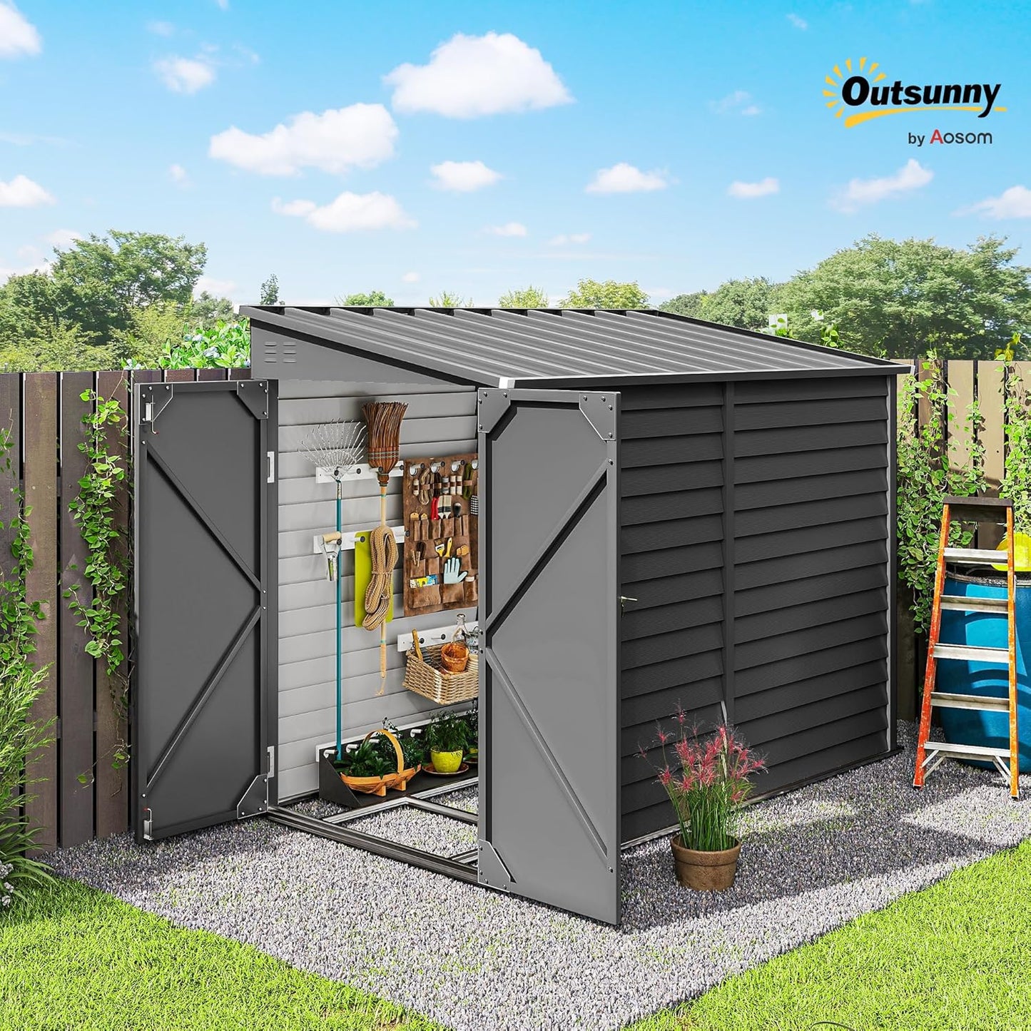 Outsunny 4.6' x 9' Steel Outdoor Storage Shed, Lean to Shed, Metal Tool House with Foundation Kit, Lockable Doors, Gloves and 2 Air Vents for Backyard, Patio, Lawn, Dark Gray