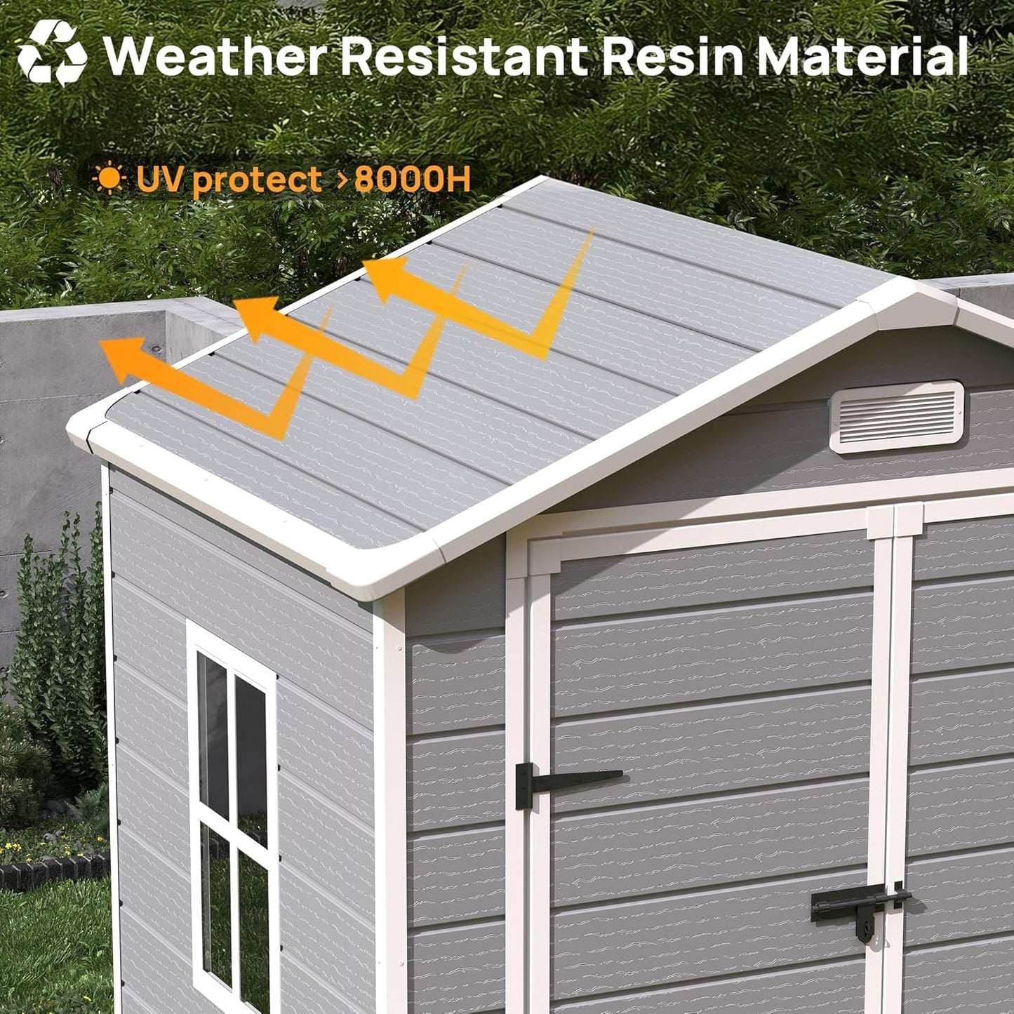 Resin Outdoor Storage Shed with Floor, 8x10.5 FT Plastic Garden Shed with Lockable Door & Window for Bike, Garbage Can, Lawn Mower, Grey White