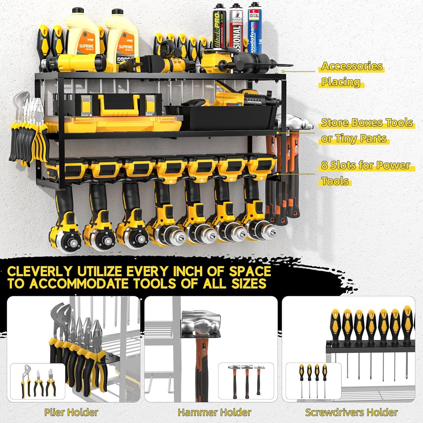 Power Tool Organizer-7 Drill Holder Wall Mount, Garage Organization Storage, 3 Layer Heavy Duty Metal Power Tool Rack,Garage Tool Organizer with Screwdriver Plier Hammer Holder, Men Dad Gifts