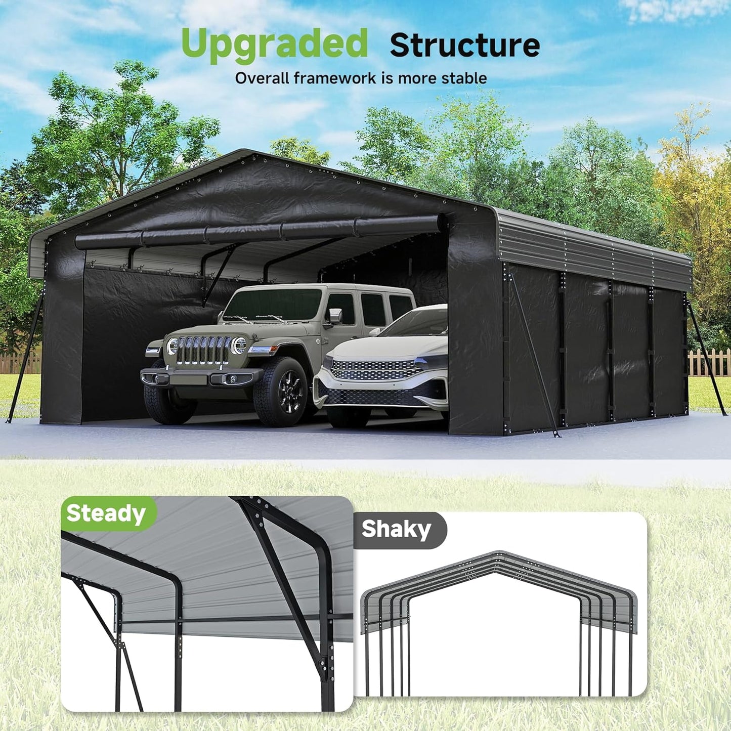 Real Relax 20x20ft Heavy Duty Metal Carport, Galvanized Steel Roof with Removable Sidewalls, 4 Support Legs, Outdoor Car Port Shelter for 2 Car Carport, Trucks and Boats