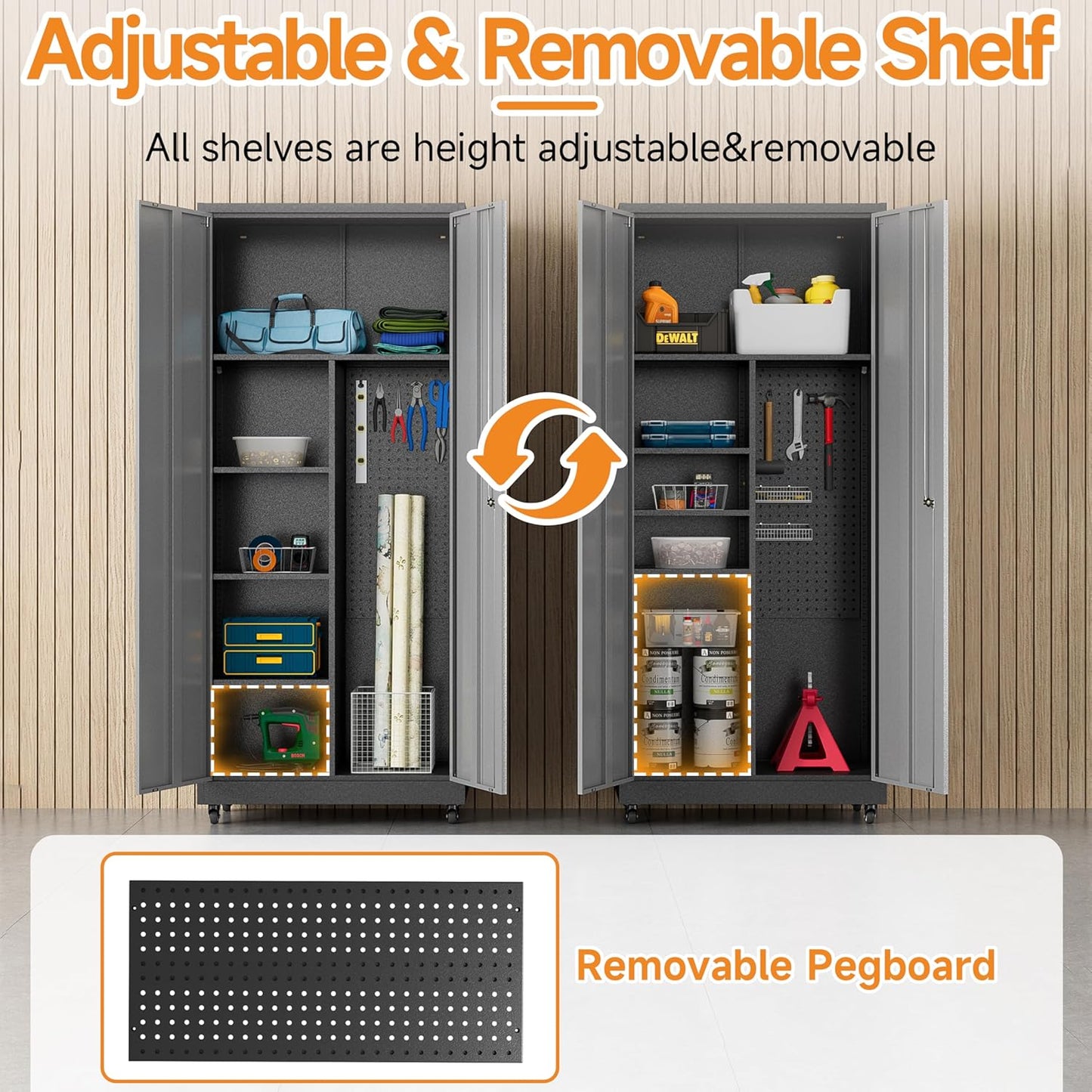 Metal Garage Storage Cabinet with 2 Doors, Adjustable Rolling Tool Storage Cabinet with Lock, 71" Steel Locking Tool Cabinet with Wheels and Shelves for Garage, Warehouse(Black&Gray, 71" H)