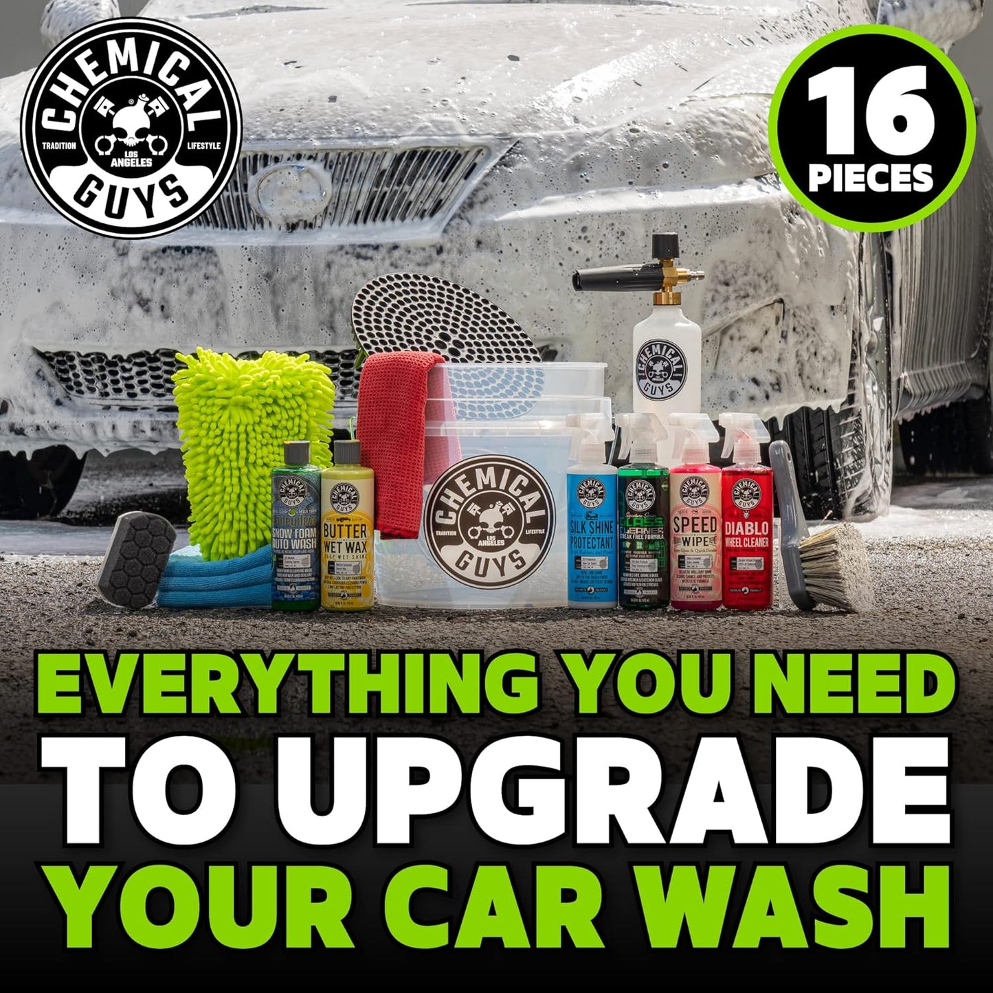 Chemical Guys HOL169 16-Piece Arsenal Builder Car Wash Kit with Foam Cannon, Bucket and (6) 16 Oz Car Care Cleaning Chemicals, Gift for Car & Truck Lovers, Dads and DIYers (Works W/Pressure Washers)