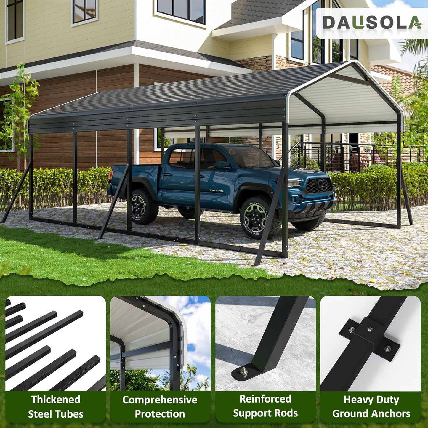 Carport 12x20 FT Heavy Duty Carports Canopy with Updated Frame Structure Galvanized Steel Roof and Enhanced Base, Metal Carport Garage for Pickup, Boat, Car and Tractors