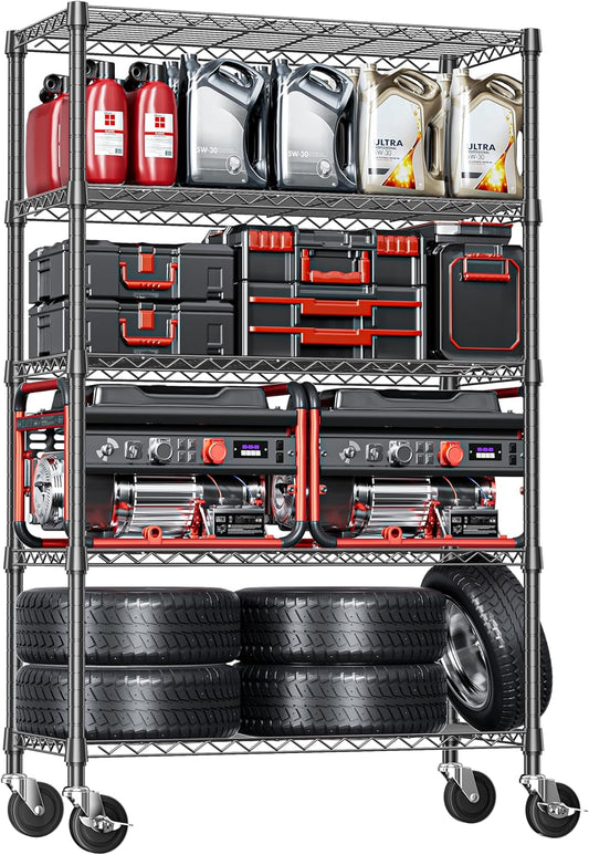 IZEUK 5-Tier Storage Shelving Unit with Wheels, Adjustable Heavy Duty Steel Wire Rack Organizer (Black, 17.7" D x 47.2" W x 76.7" H, 1750 lbs Capacity) for Garage, Kitchen, Office, Laundry, Basement