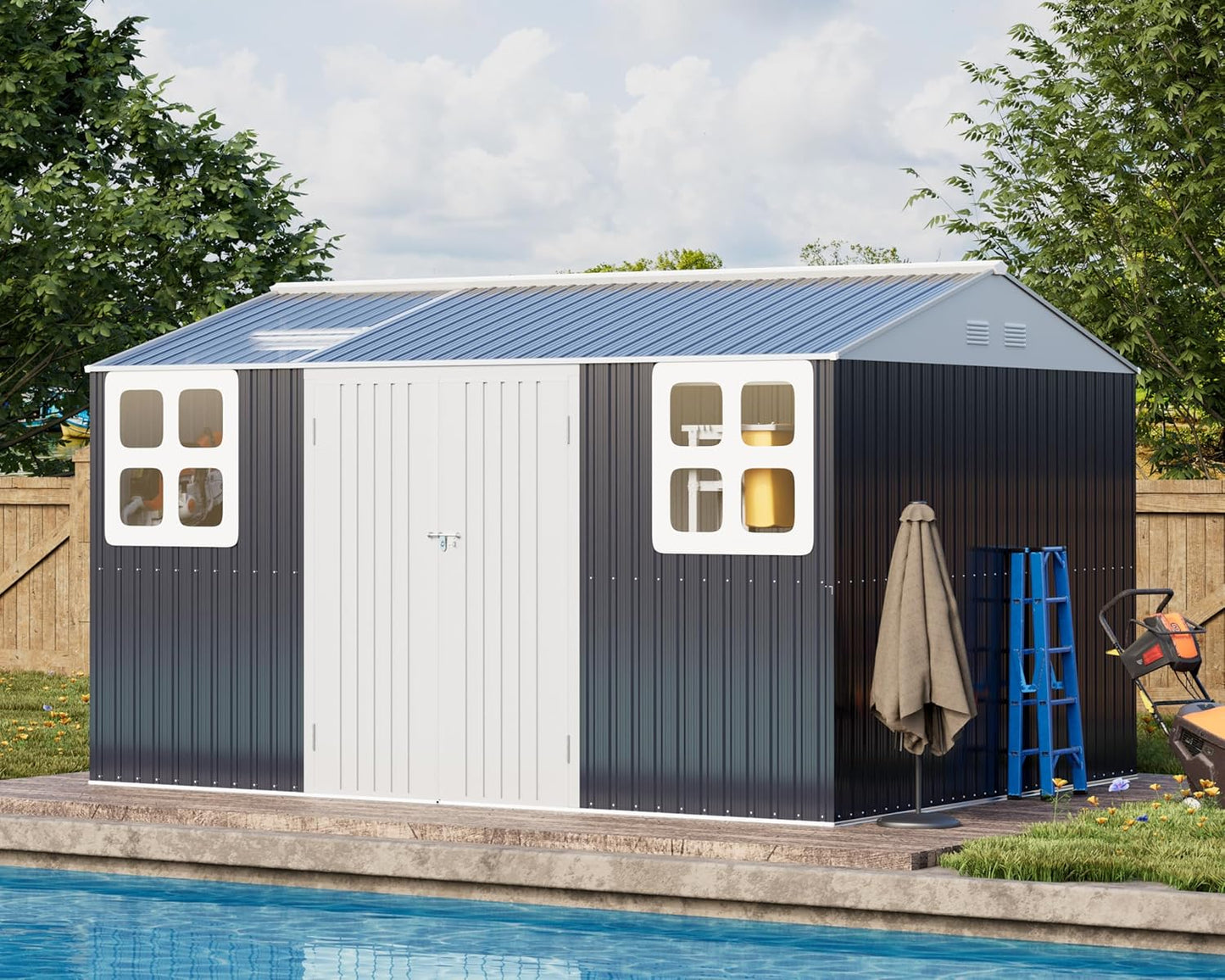 12x10 FT Metal Shed Heavy-Duty, Outdoor Storage Garden Sheds with Reinforced Steel Frame & Customizable Skylight, Weatherproof Galvanized Tool Tiny House for Backyard, Patio, and Lawn