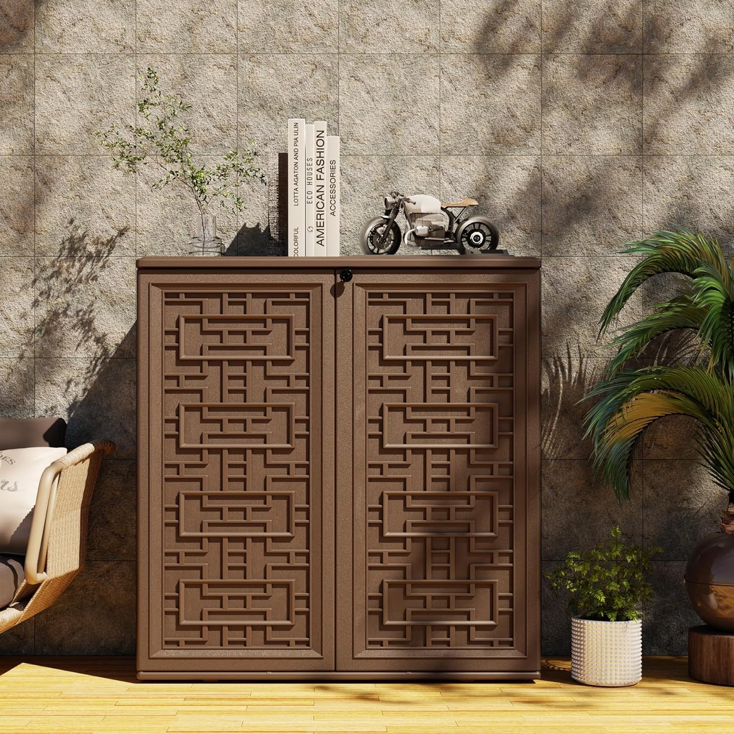 Indoor Outdoor Storage Cabinet Waterproof with 1 Shelf, Plastic Outdoor Storage Cabinets for Patio/Garden/Backyard, Size 34.3''L*15''W*36.2''H(Brown)