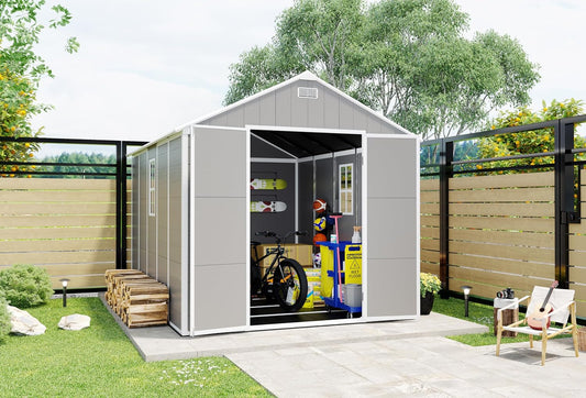 MyVoice 10x8 FT Outdoor Resin Storage Shed with HD Window, Rustproof Waterproof Garden Tool Shed, 12mm Thickened PP Panels, Large Capacity Outdoor Utility House for Backyard Patio (with Floor)