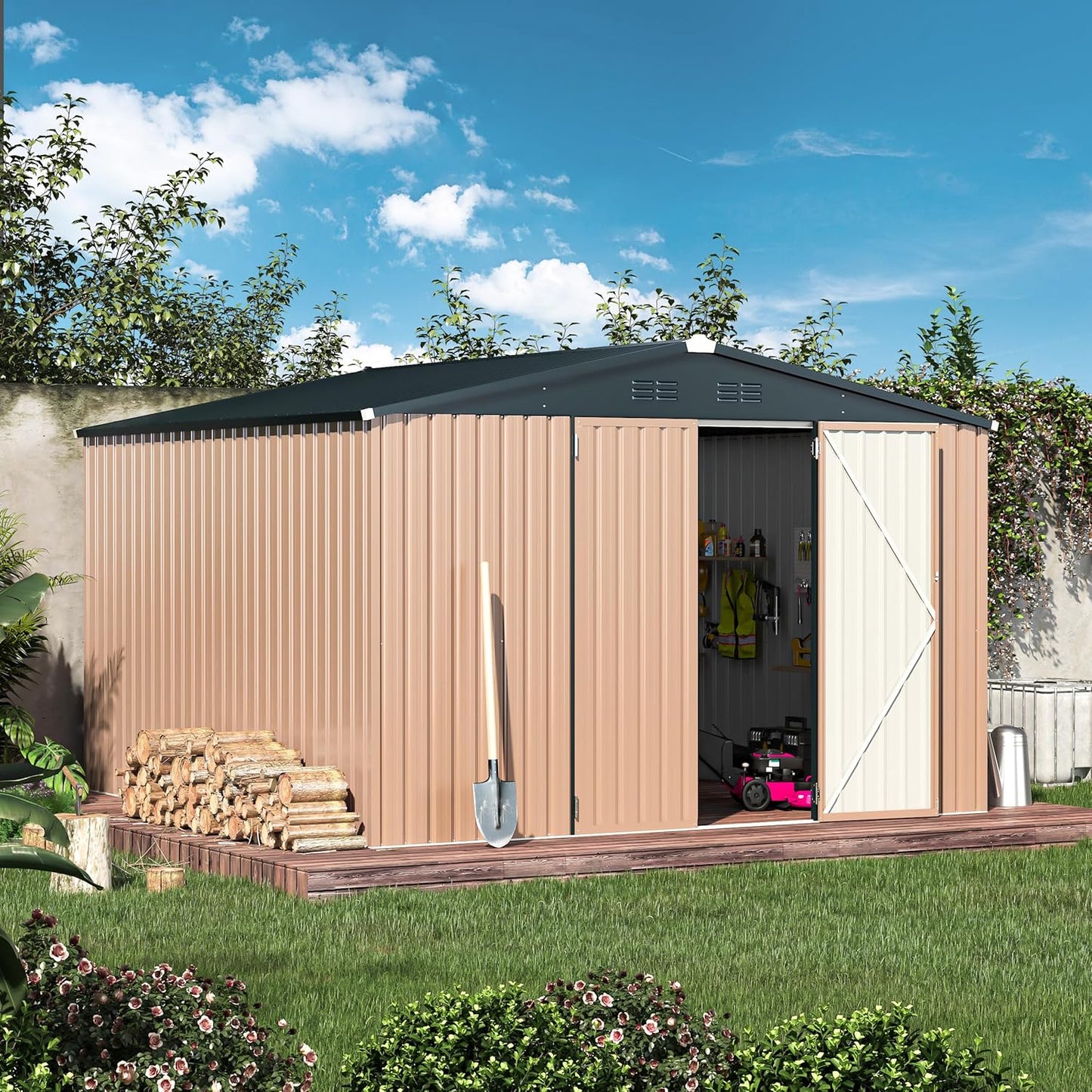 U-MAX 10' x 10' Shed Outdoor Storage Shed Clearance, Metal Garden Large Yard Steel Shed with Design of Lockable Doors, Tool and Utility Storage for Backyard, Garden, Patio, Outside use